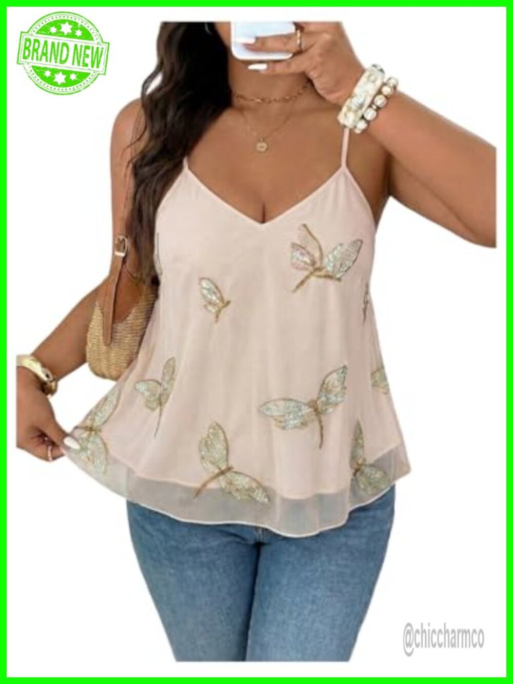 Plus Size Mesh Sequin Camisole V-Neck Spaghetti Strap Summer Top